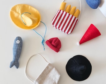 Seagull Peter accessories, Bag with sardine, Bag with French Fries & Red hat, Yellow rain hat, Christmas hat and Witch's hat, DECORNERHOME