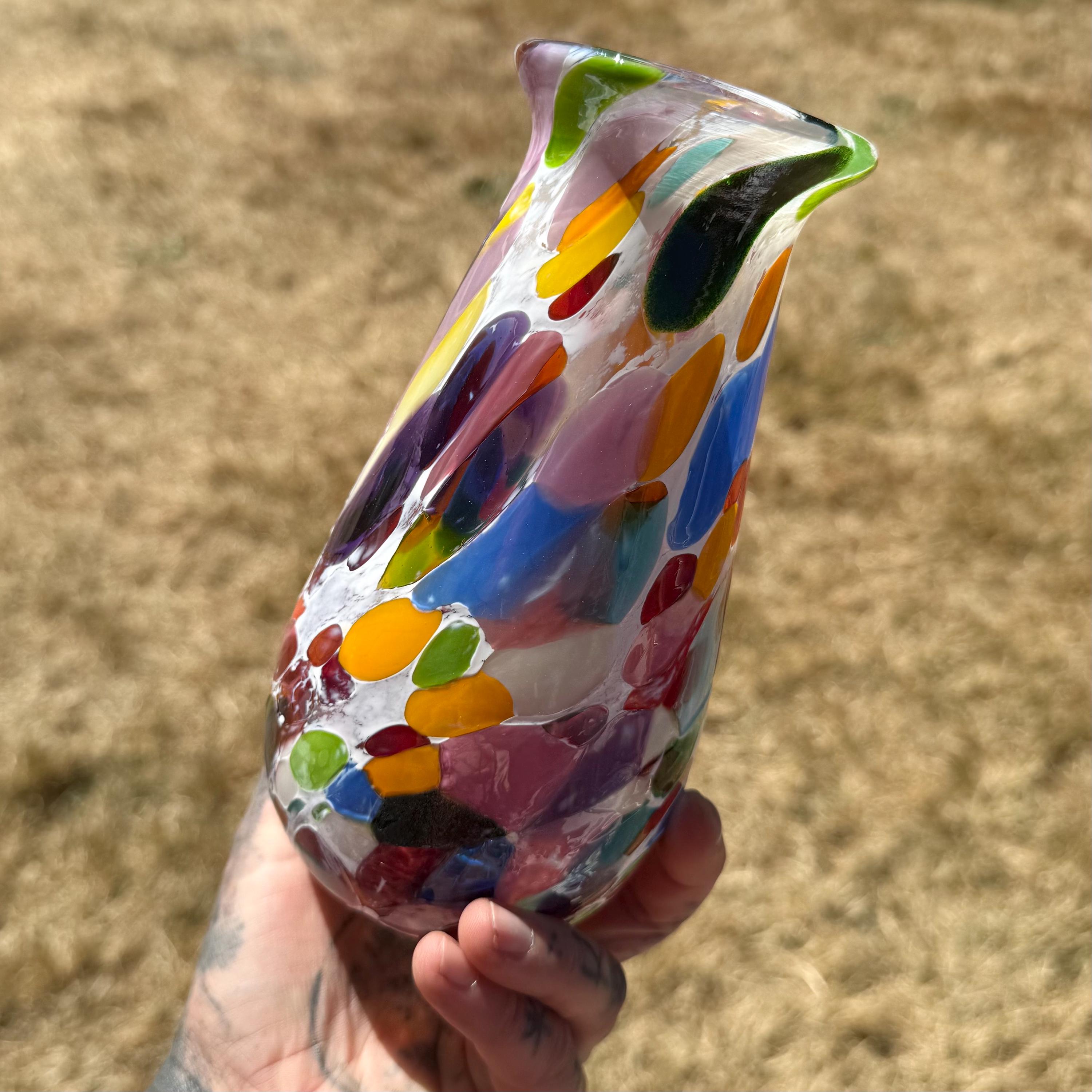 レインボーガラスの花瓶、カナダ製、ガラスアート、手作り、カナダ製 