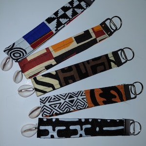 African Fabric Keychain with Cowrie Shells, Wrist Fob Gift