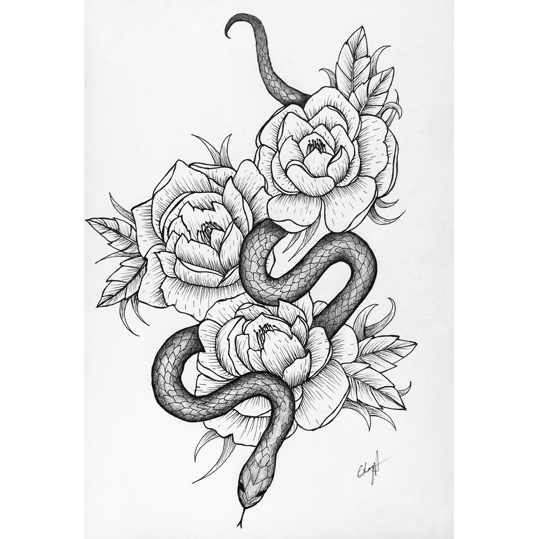 Snake and rose tattoo on the left forearm