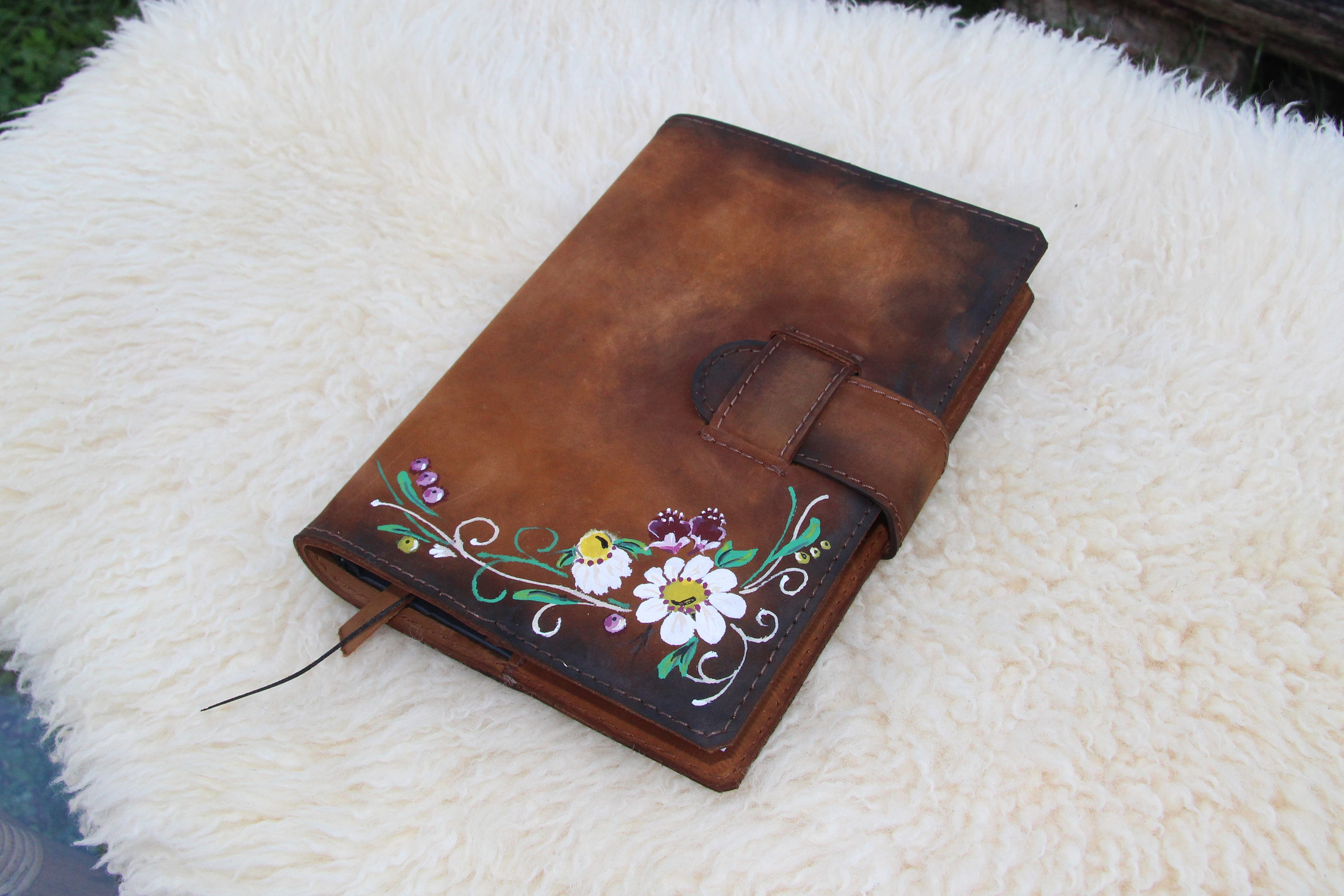 Hand Painted Flowers Leather Journal Cover / Aged Leather Etsy