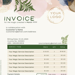 Può includere: Una fattura verde e bianca con un design floreale. La fattura è per un servizio chiamato "Your Magic Service Description" e include un prezzo, una quantità e un totale. La fattura include anche i dettagli di pagamento e un codice QR.