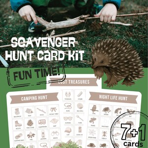 Pacchetto di attività di campeggio all'aperto con caccia al tesoro nella natura per bambini (8 carte) PDF stampabile con download immediato, viaggio avventuroso nella boscaglia australiana