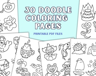 30 Random Doodle Coloring Pages Printable PDF Fun Black and White Coloring Book for Adults and Kids Hand Drawn Line Art Cute Aesthetic