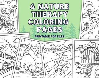 May include: A collection of six nature-themed coloring pages in black and white. The pages feature illustrations of a girl riding a bike, a mountain scene with a train, a bear drinking water, otters, and a treehouse. The text reads "6 NATURE THERAPY COLORING PAGES PRINTABLE PDF FILES."