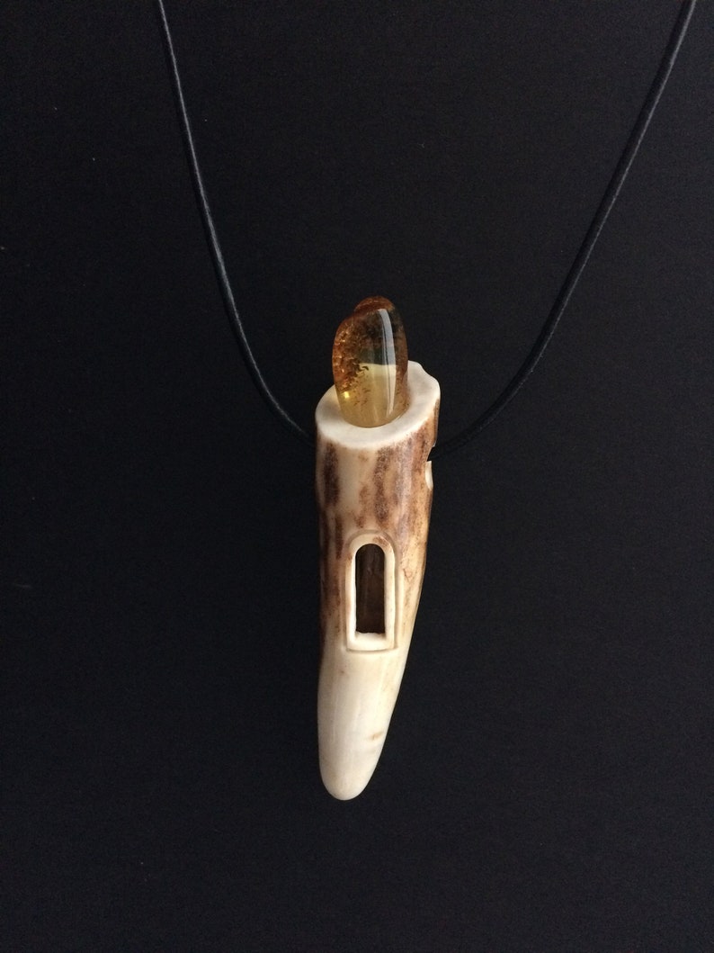 antler necklace Real antler tip pendant with Baltic amber for men mens necklace gift for him