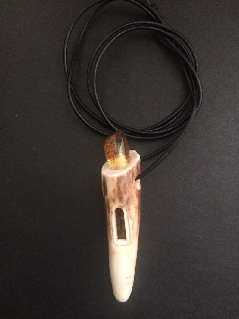 antler necklace Real antler tip pendant with Baltic amber for men mens necklace gift for him