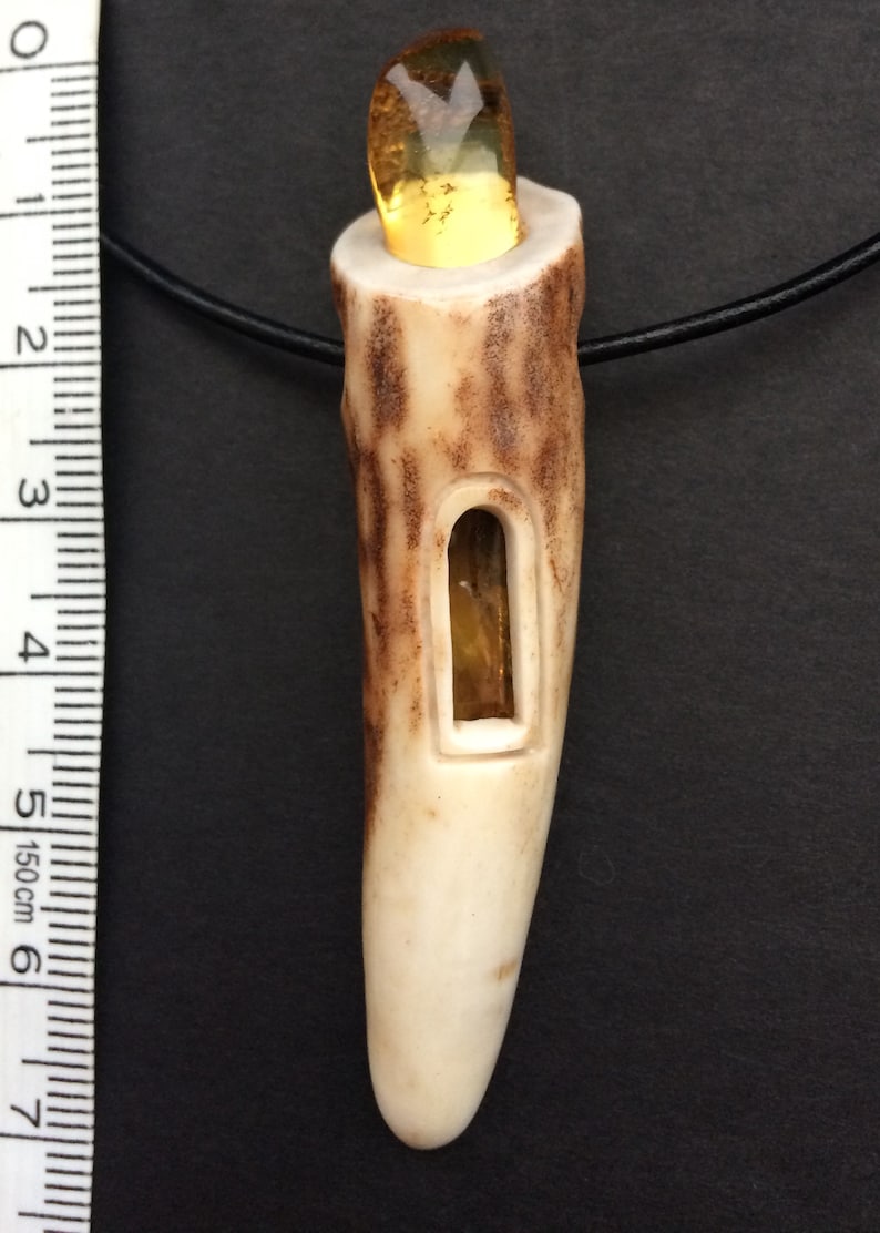 antler necklace Real antler tip pendant with Baltic amber for men mens necklace gift for him