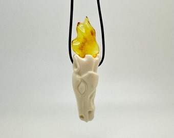 Pendant with a horse, carved antler and amber horse amulet, gift for horse lovers