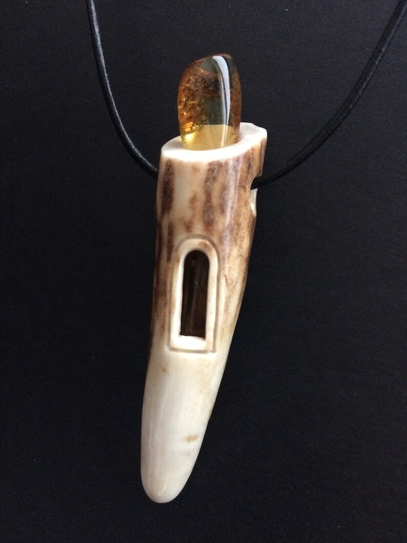 antler necklace Real antler tip pendant with Baltic amber for men mens necklace gift for him