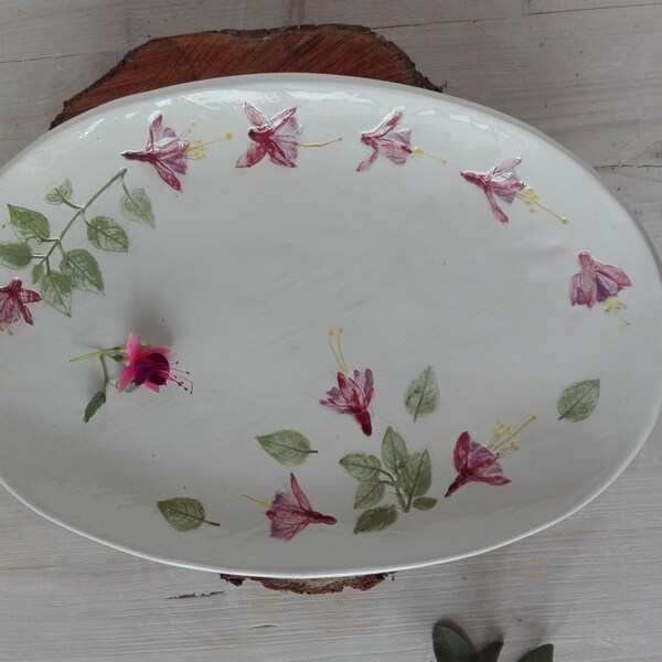 Plate fuchsia flowers ceramics/unique wedding gift /botanical/flower imprint/ romantic plate/grace/ gift for her/rustic boho plate/ handmade