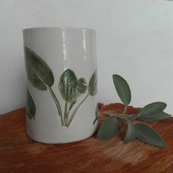 Botanical mug sage/white stoneware/tea cup /tea time/ marriage gift/ ceramic functional /pressed flowers/ home design/natural cup/tea lovers