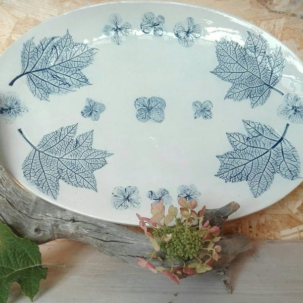 Unique plate with hydrangea flowers and leaves/ wedding gift /gift for couple /new house one of a kind gift/ kitchen functional ceramics