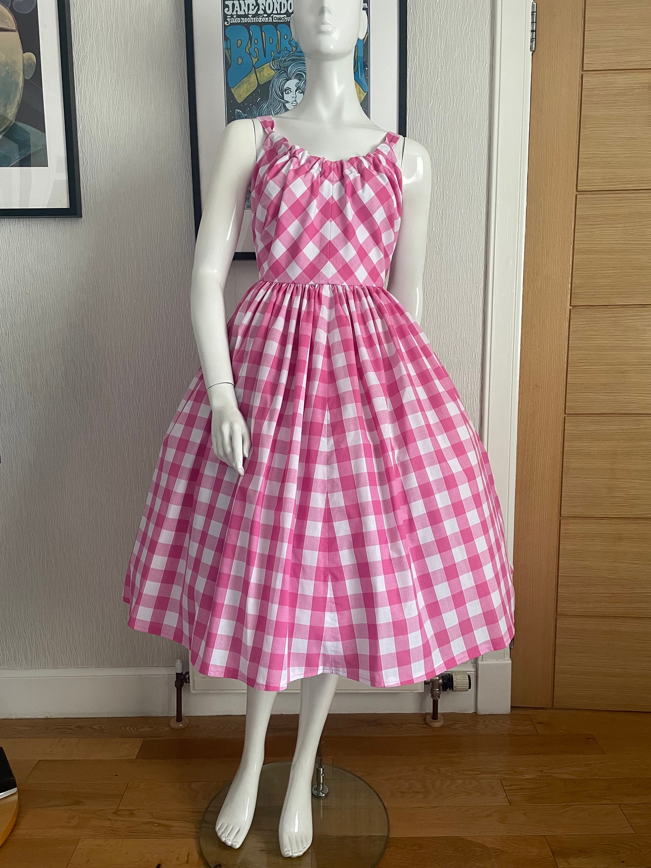 pink gingham 50s dress 1950s 50s Vintage Cotton Pink Gingham Floral Embroidery Dress XS
