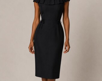 May include: A black knee-length dress featuring a wide, pleated boat neckline that extends over the shoulders. The garment has a fitted bodice, a defined waistline with thin side ties, and a straight skirt silhouette, paired with black pumps.