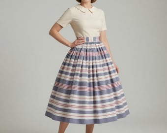 Falda larga a rayas estilo años 50, falda vintage de algodón hecha a mano (cintura 74 cm).