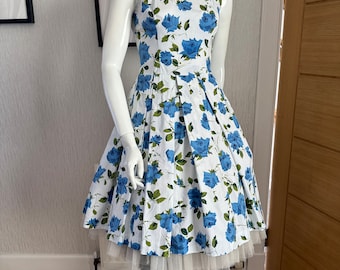 1950s Blue Roses Novelty Print Dress, Vintage Party Dress
