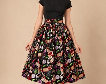 Preciosa falda amplia estilo años 50 con un estampado original de cocina cajún.