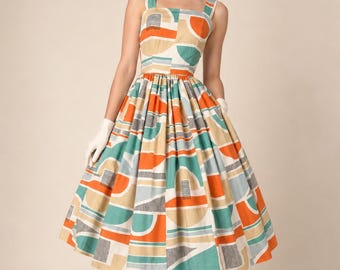 Vestido geométrico estilo años 50, falda amplia de mezcla de algodón hecha a mano