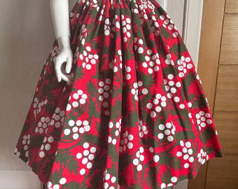 Falda larga de algodón con estampado de muérdago de los años 50, ideal para las fiestas (cintura de 71 cm).