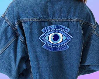 Voir à travers vos conneries XL back patch - joli grand patch brodé bleu pour veste avec design œil - fer à repasser pour les yeux nazar grecs