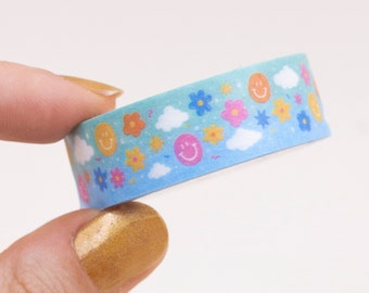Happy weather mood Washi tape | cute kawai decorative blue colorful rice paper tape for journaling diary | 15mm x 10m scrapbooking