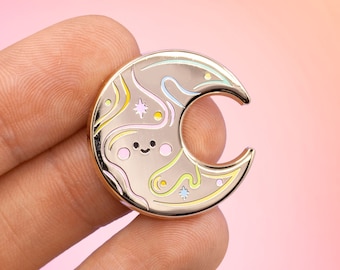 Celestial multicolor moon pin - rainbow gold cute happy moon brooch - space pin