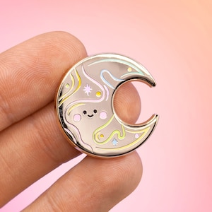Celestial multicolor moon pin - rainbow gold cute happy moon brooch - space pin