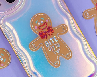 Bite me gingerbread cookie glitter sticker | xmas holidays graphic sticker | decorative sticker phone laptop journal glitter holographic