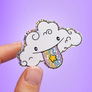 Happy cloud glitter holographic sticker | kawaii pride rainbow tongue cloud | glittery rainbow holographic water bottle sticker notebook