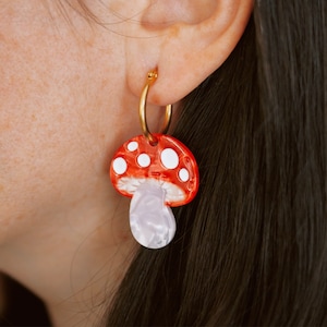 Red mushroom dangling hoop Earrings |beautiful acetate earring accessory fungi | magical cottage core nature gold hoops mood jewelry for her