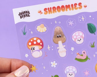 Shroomies clear vinyl sticker sheet  | mushroom stickers | cute cottage core laptop phone transparent sticker | kawaii planner sticker