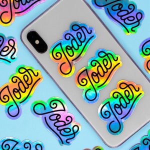 Joder insulte espagnole lettrage autocollants holographiques arc-en-ciel | Gros mots amusants, ordinateur portable, journal intime, agendas, bujo, étui pour téléphone, bouteille d'eau