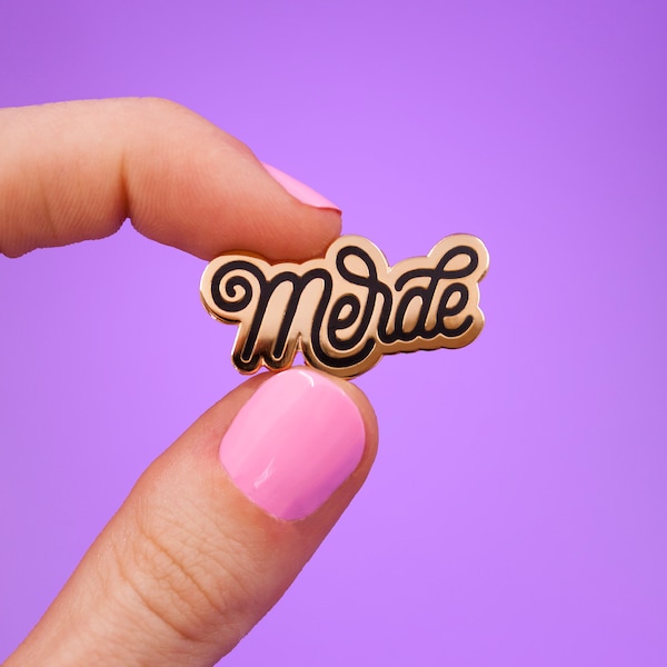 Merde Pin |french insult cute gold and white brooch | funny swear word to wear on jacket or bag joke lettering jean jacket flair for him her