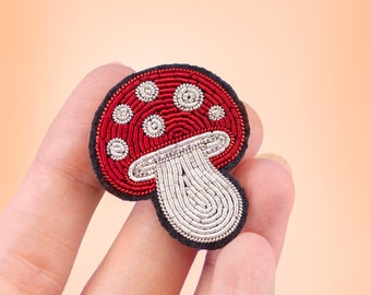 Red Mushroom Hand embroidered brooch | nature lover cute shroom brooch | coat jacket accessory fungi | yum gift for her herbs fungi
