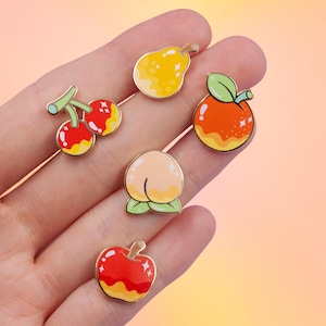 Fruit mini filler pins | fruit crossing pear orange cherry apple pin | jacket and backpack accessory summer vibe gamer kawaii island fruit