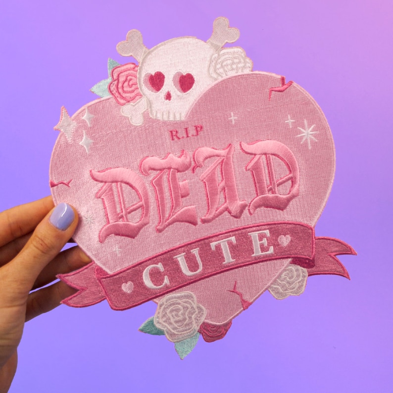 Dead Cute XL Back patch Jacket Backpatch Pastel Witch Patch Skull and heart kawai sparkle roses pastel goth style embroidered image 4
