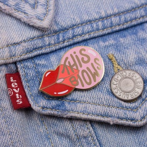 This Blows Pin | funny lips pink bubblegum message quote | girl power pretty mouth candy pin | cute jacket flair lips mouth pin for her