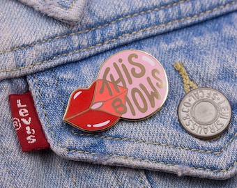 This Blows Pin | funny lips pink bubblegum message quote | girl power pretty mouth candy pin | cute jacket flair lips mouth pin for her