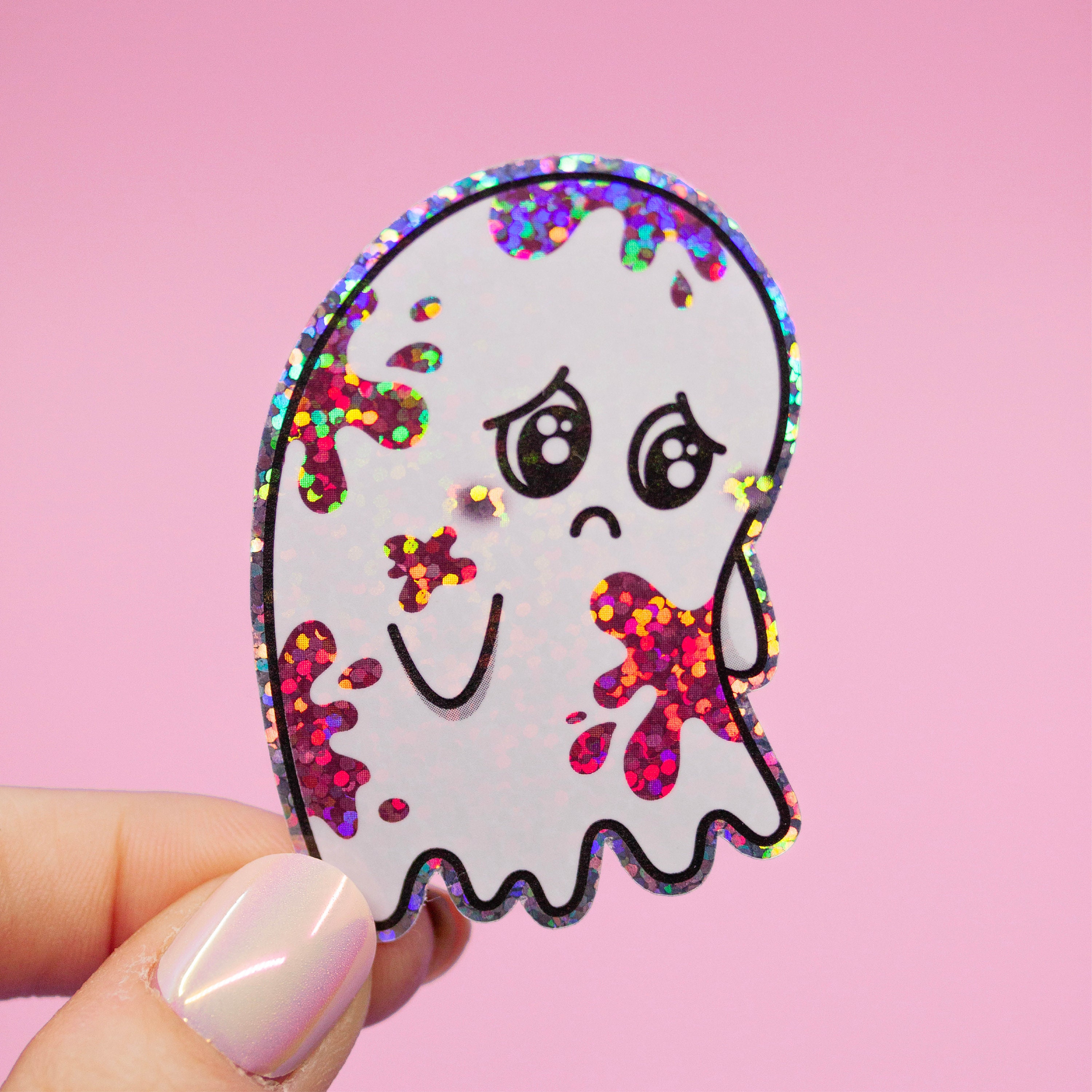 Sad ghost glitter holographic sticker kawaii halloween rainbow decal | rainbow holographic water bottle sticker notebook decor vinyl witchy