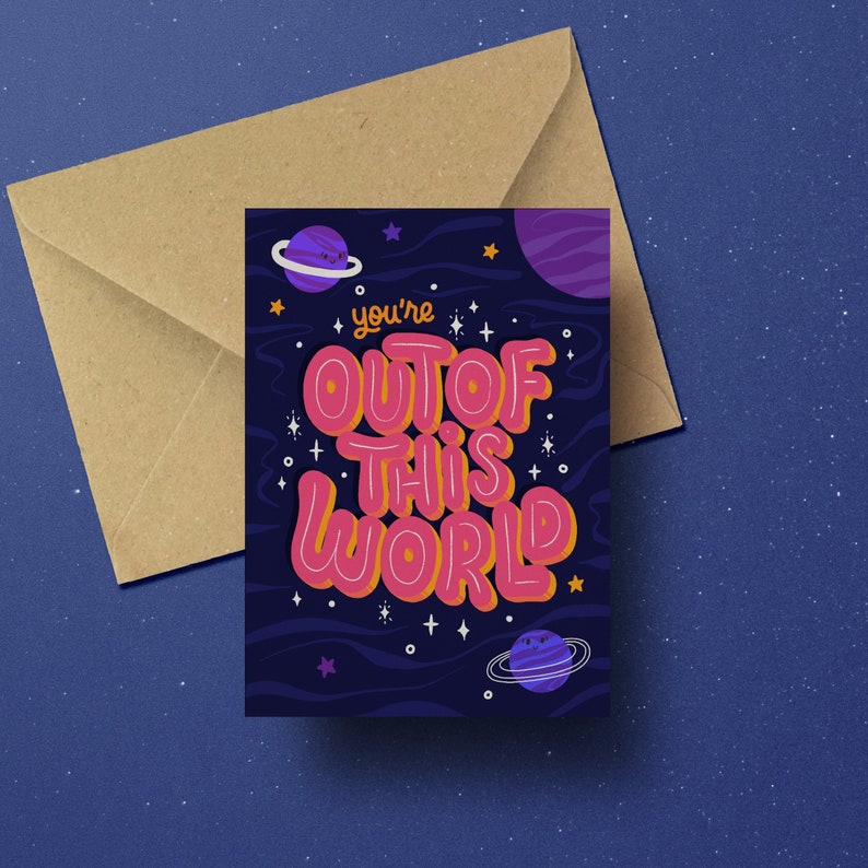 You're out of this world card cute planets and space illustration postcard for friend of family love quote card space planet lover image 1