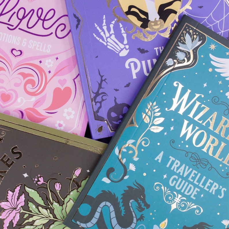 May include: Three different book covers with fantasy themes. The first cover is pink with white and black floral designs and the text "Love, Potions & Spells". The second cover is purple with a black skeleton hand and the text "The Purple". The third cover is teal blue with a gold dragon and the text "Wizard World, A Traveller's Guide".