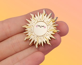 Celestial sun moon enamel pin | pretty shiny sunny jacket flair brooch | sun set stars pin
