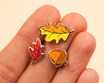 Fall PIN Set | cute automnal leaves | maple nut walnut red leaf brooch | small nature tree leaves | kawaii board filler lanyard flair pins