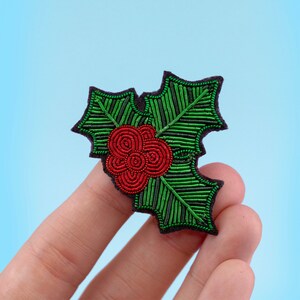 Holly Hand embroidered brooch | nature lover seasonal brooch |coat jacket accessory winter | gift her nature lover holidays winter Christmas