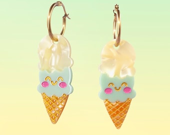 ON SALE - Ice cream cone dangling hoop Earrings | acetate earring accessory cone|cool summer creamy cone and creamy hoops gold mood jewelry