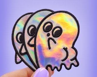 BoOotiful ghost holographic patch | embroidered holo decorative jacket patch | iridescent ghost witchy vibe | statement ghosty patch t-shirt