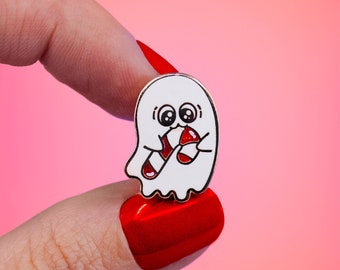 Kawaii ghost and candy cane enamel pin | cute ghost candy lover winter hat Brooch | board filler pins | adorable xmas gift for him for her