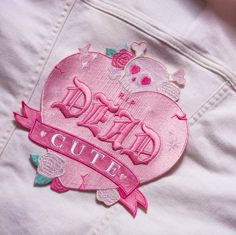 Dead Cute XL Back patch Jacket Backpatch Pastel Witch Patch Skull and heart kawai sparkle roses pastel goth style embroidered Pink