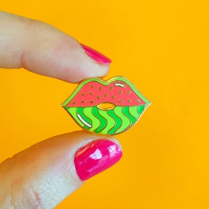 Pink Watermelips Pin - cute red watermelon lips mouth fruity enamel pin - gift for her jacket flair fruit